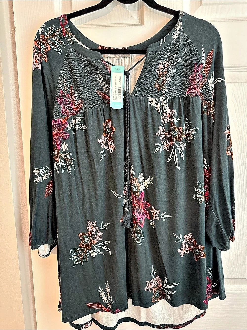 Daniel Rainn Elowen Smocked Tassel Detail Top Floral Tunic Dark Green Size 3X